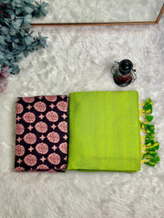 Premium Handloom Cotton Saree - Emerald Green saree with brown printed blouse - Cotton Dori