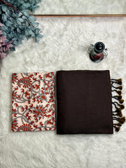 Premium Handloom Cotton Saree - Espresso brown with red flower printed blouse - Cotton Dori