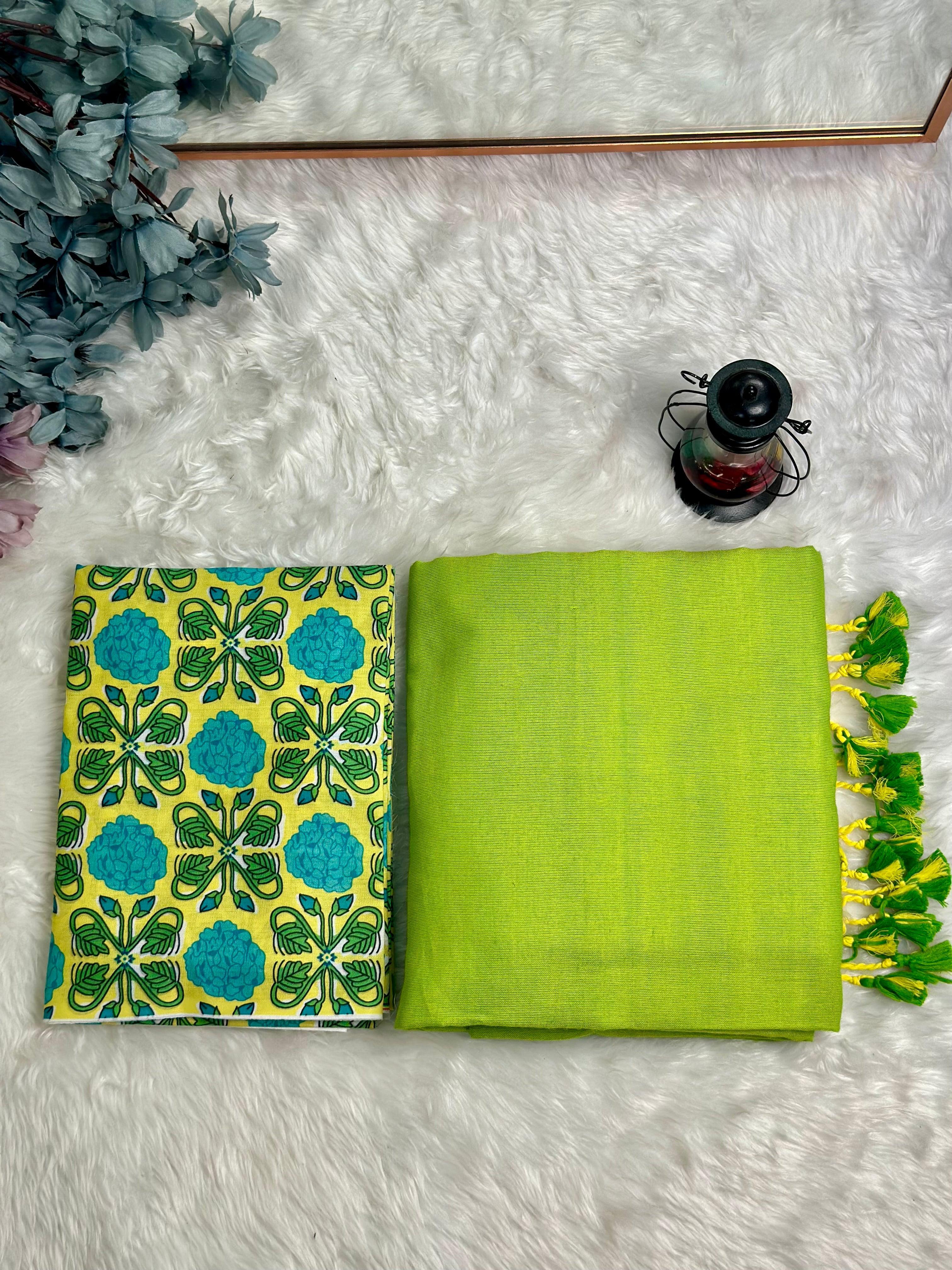 Premium Handloom Cotton Saree - Parrot green saree with yellow printed blouse - Cotton Dori