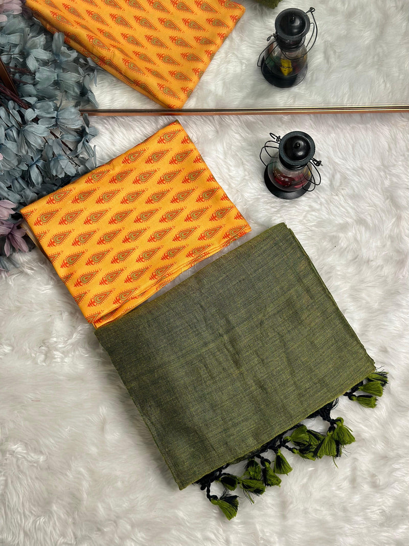 Premium Handloom Cotton Saree - Olive green saree with yellow blouse