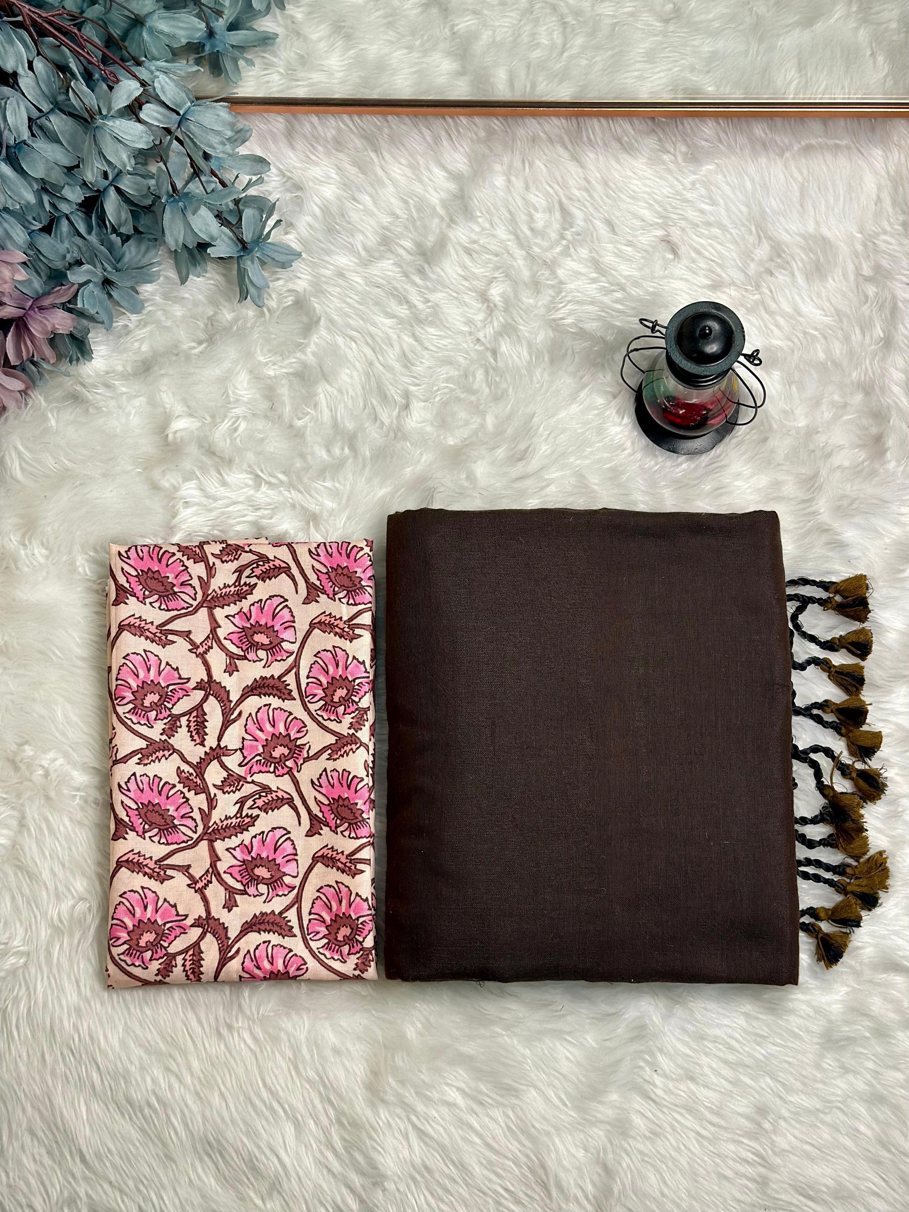 Premium Handloom Cotton Saree - Mocha brown saree with brown flower printed blouse - Cotton Dori