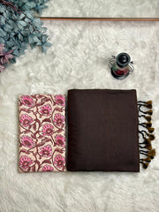Premium Handloom Cotton Saree - Mocha brown saree with brown flower printed blouse - Cotton Dori