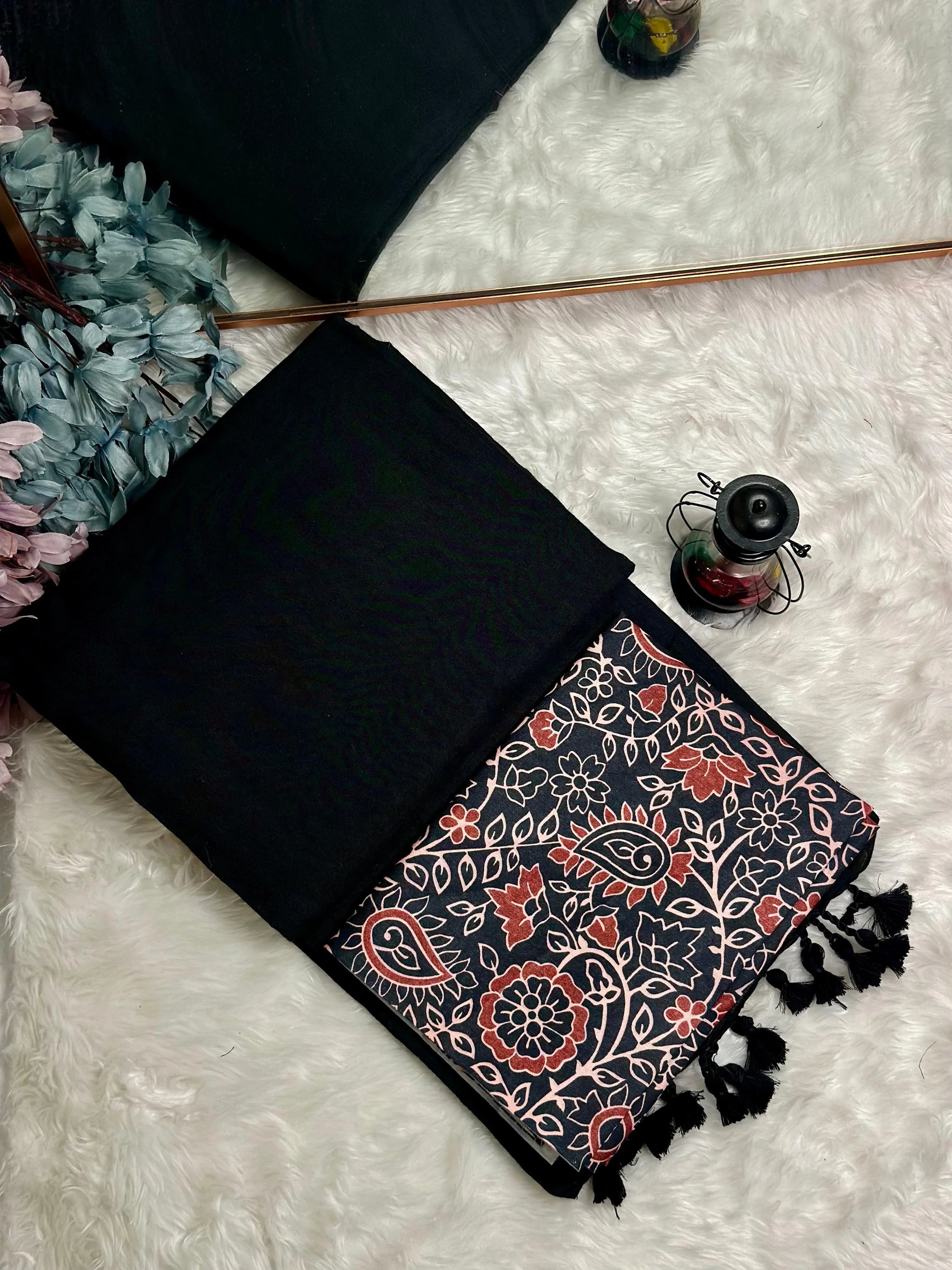 Premium Handloom Cotton Saree - South Indian black saree with printed blouse - Cotton Dori