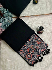 Premium Handloom Cotton Saree - South Indian black saree with printed blouse - Cotton Dori