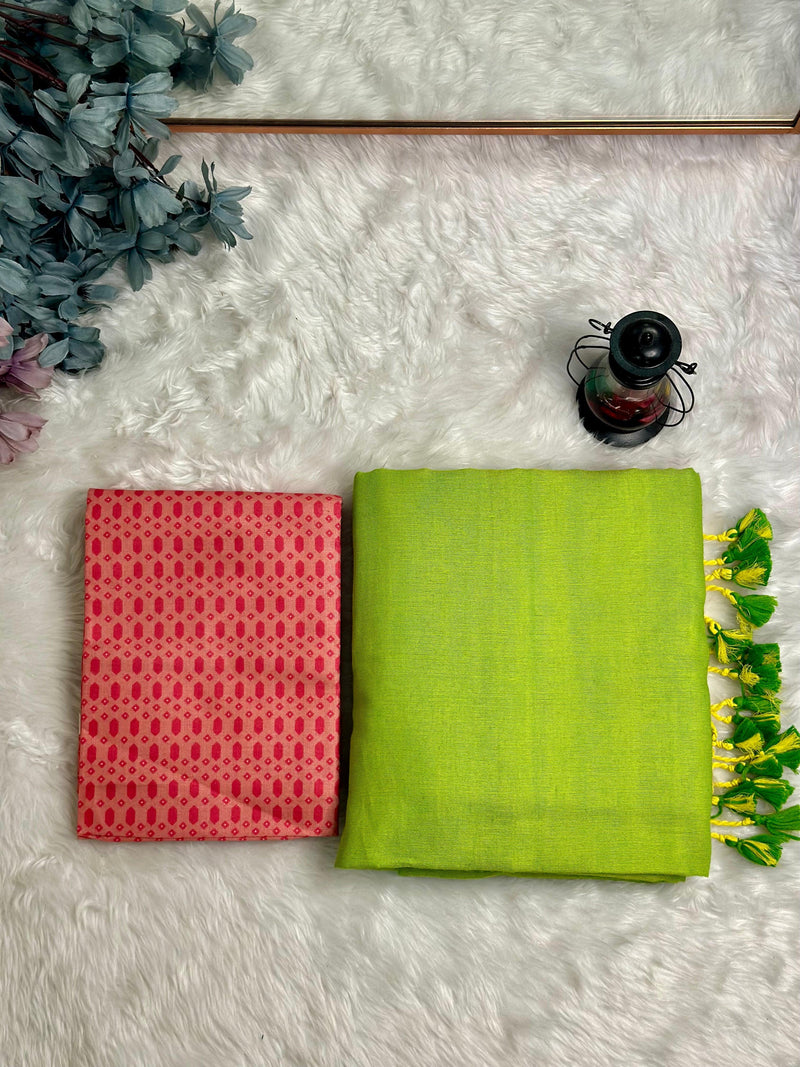 Premium Handloom Cotton Saree - Parrot green saree with ruby red blouse - Cotton Dori