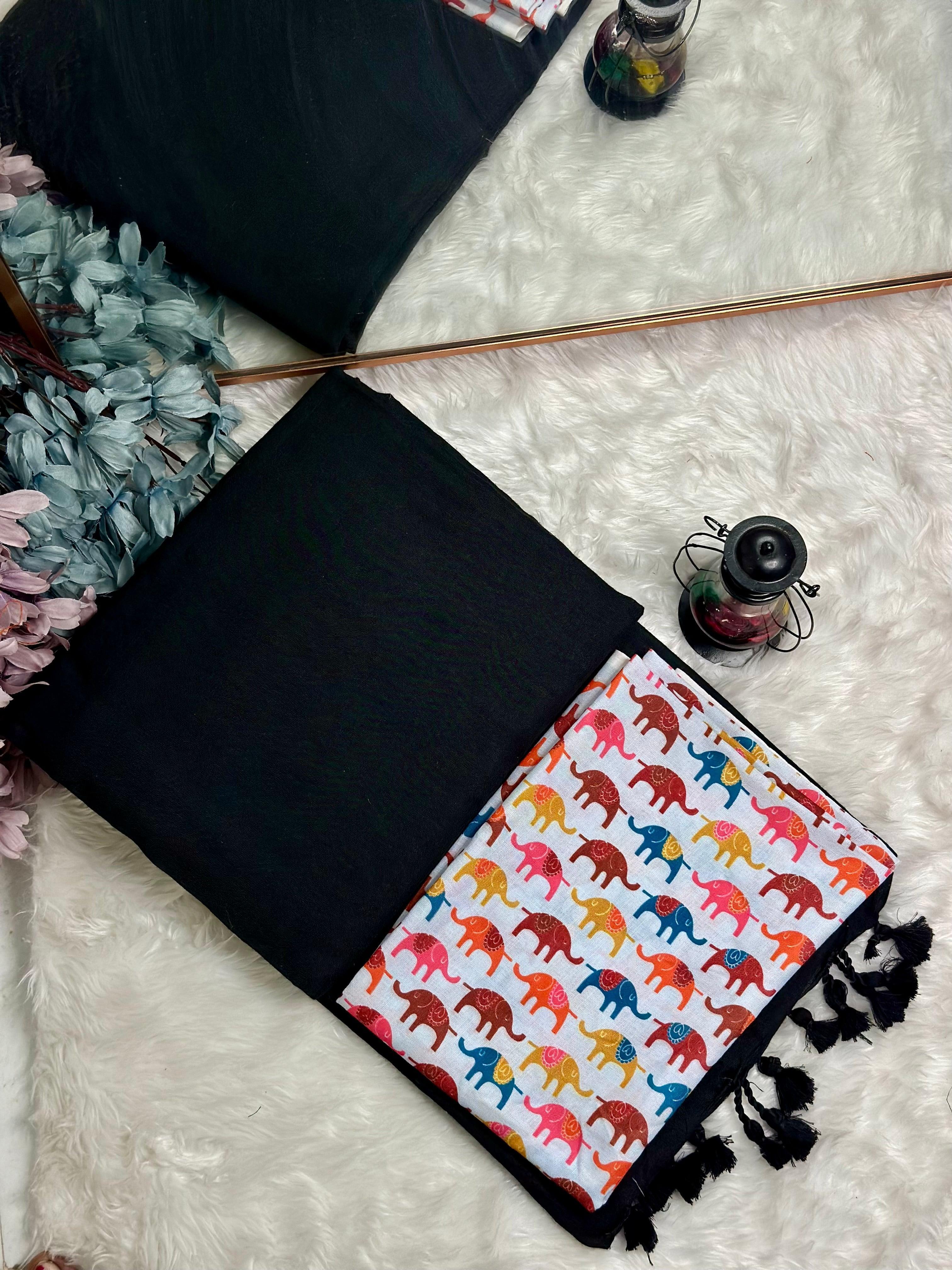 Premium Handloom Cotton Saree - Royal Black saree with white elephant printed blouse - Cotton Dori