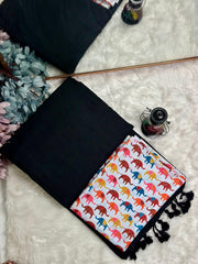 Premium Handloom Cotton Saree - Royal Black saree with white elephant printed blouse - Cotton Dori