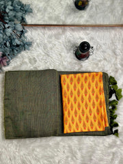 Premium Handloom Cotton Saree - Olive green saree with yellow blouse - Cotton Dori