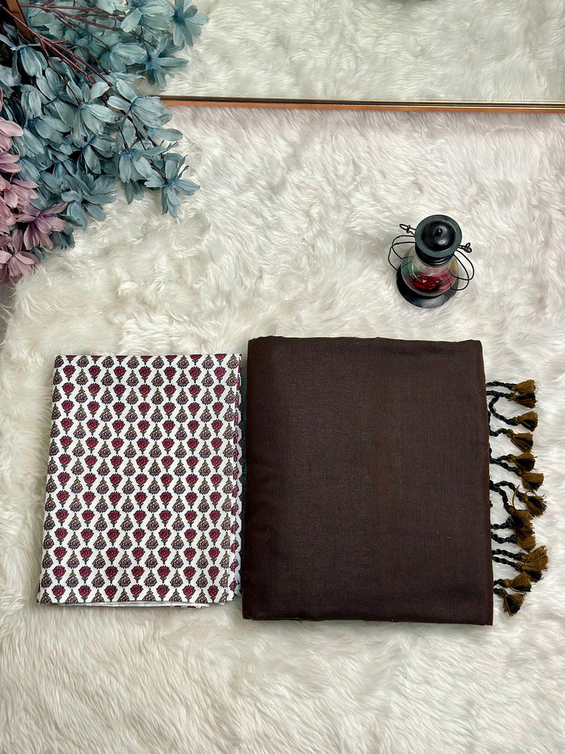 Premium Handloom Cotton Saree - Earthy brown saree with white printed blouse - Cotton Dori