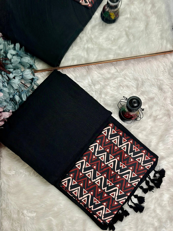 Premium Handloom Cotton Saree - Indigo black saree with printed blouse - Cotton Dori