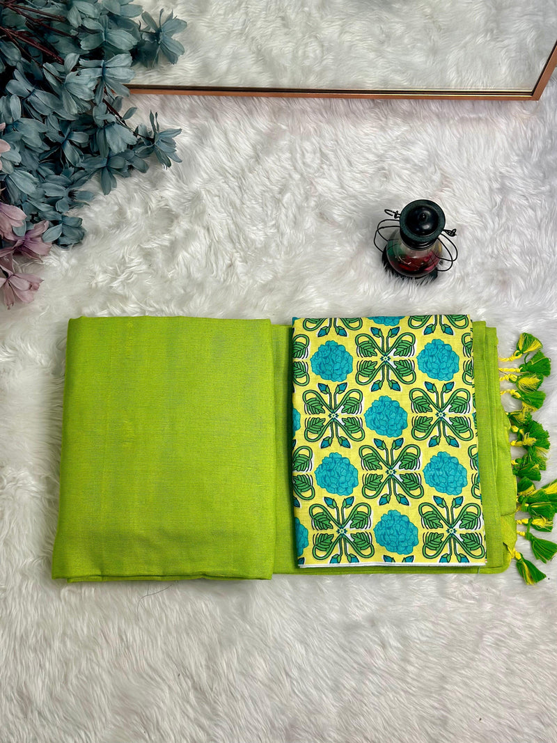 Premium Handloom Cotton Saree - Parrot green saree with yellow printed blouse - Cotton Dori