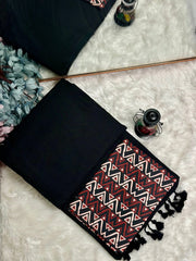 Premium Handloom Cotton Saree - Indigo black saree with printed blouse - Cotton Dori
