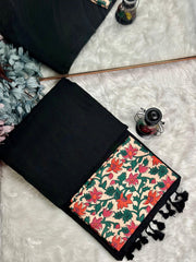 Premium Handloom Cotton Saree - Shadow black saree with cream flower printed blouse - Cotton Dori