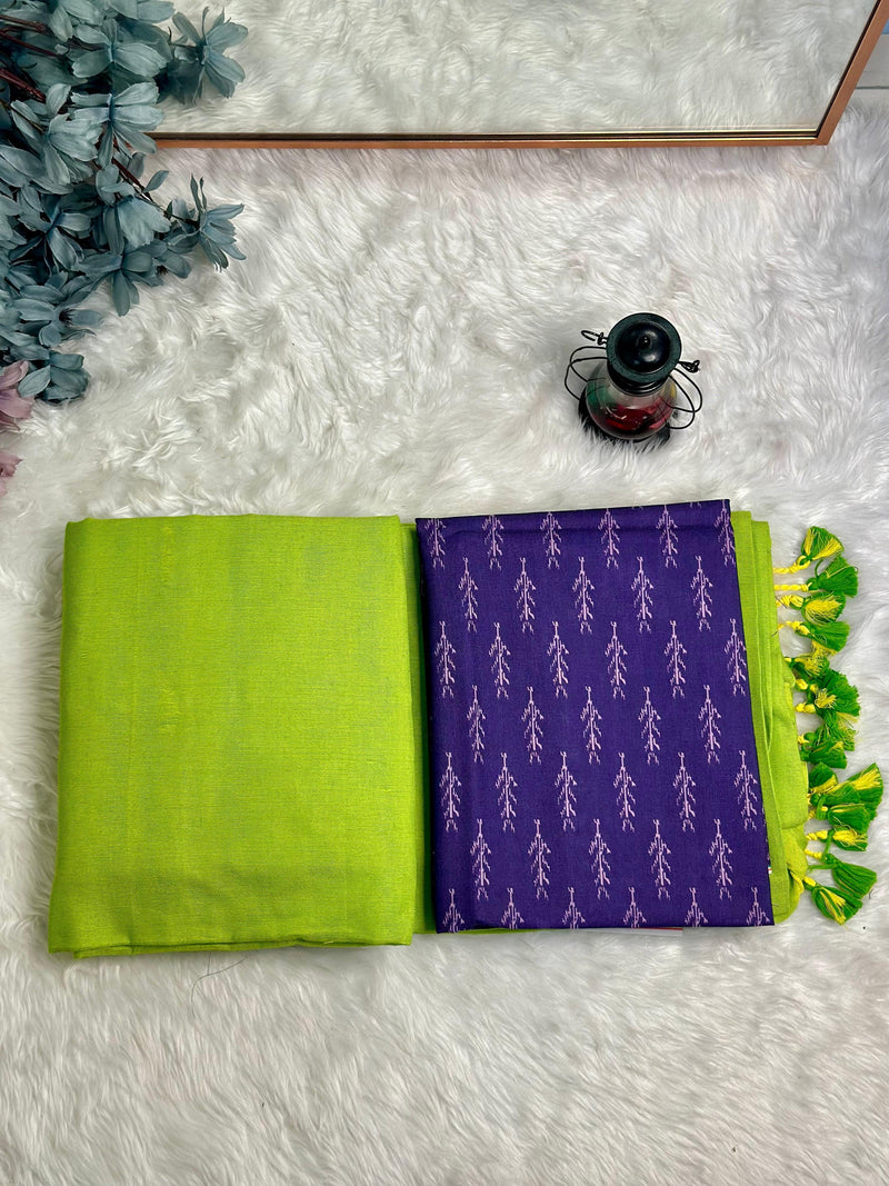 Premium Handloom Cotton Saree - South Indian lime saree with deep purple blouse - Cotton Dori