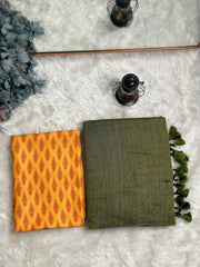 Premium Handloom Cotton Saree - Olive green saree with yellow blouse - Cotton Dori