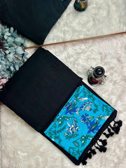 Premium Handloom Cotton Saree - Royal black saree with ocean blue blouse - Cotton Dori