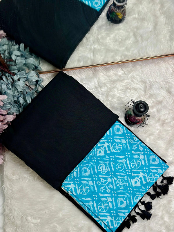 Premium Handloom Cotton Saree - Pure Handloom cotton black saree with sky blue blouse - Cotton Dori