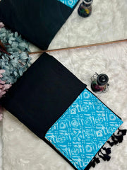 Premium Handloom Cotton Saree - Pure Handloom cotton black saree with sky blue blouse - Cotton Dori