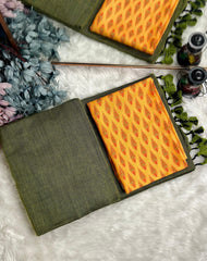 Premium Handloom Cotton Saree - Olive green saree with yellow blouse - Cotton Dori