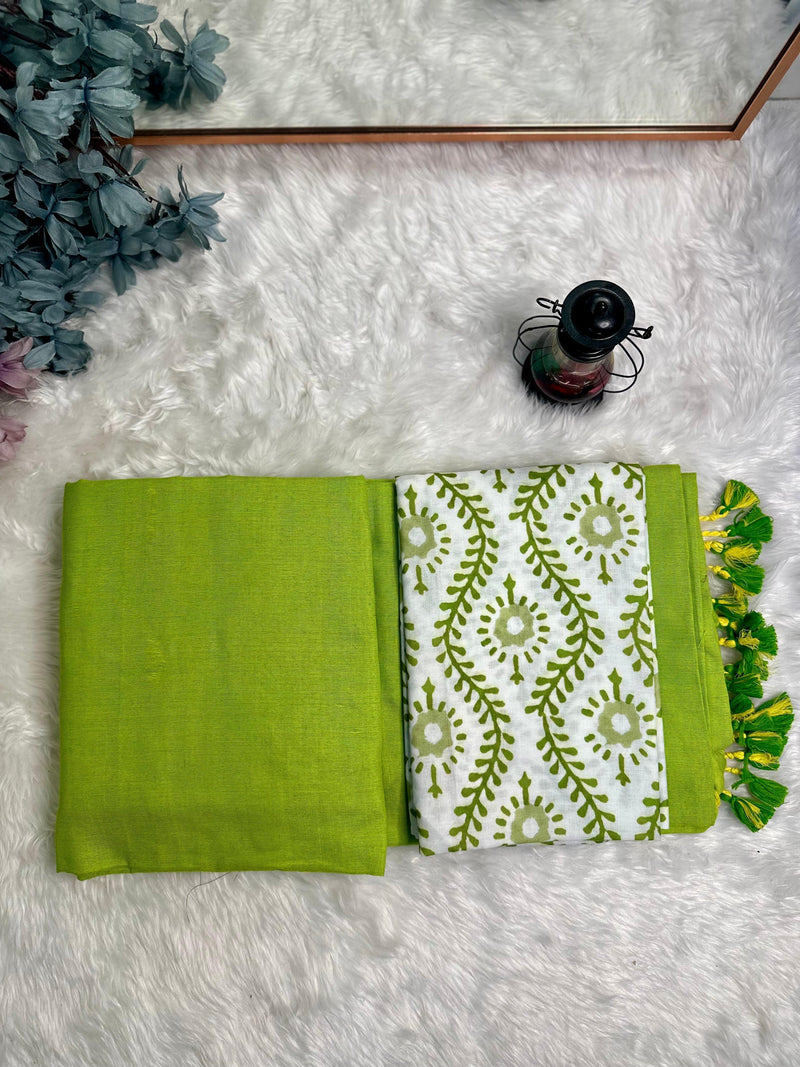 Premium Handloom Cotton Saree - Royal apple green saree with white floral blouse - Cotton Dori