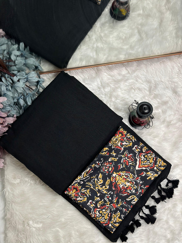 Premium Handloom Cotton Saree - Dark black saree with printed black blouse - Cotton Dori