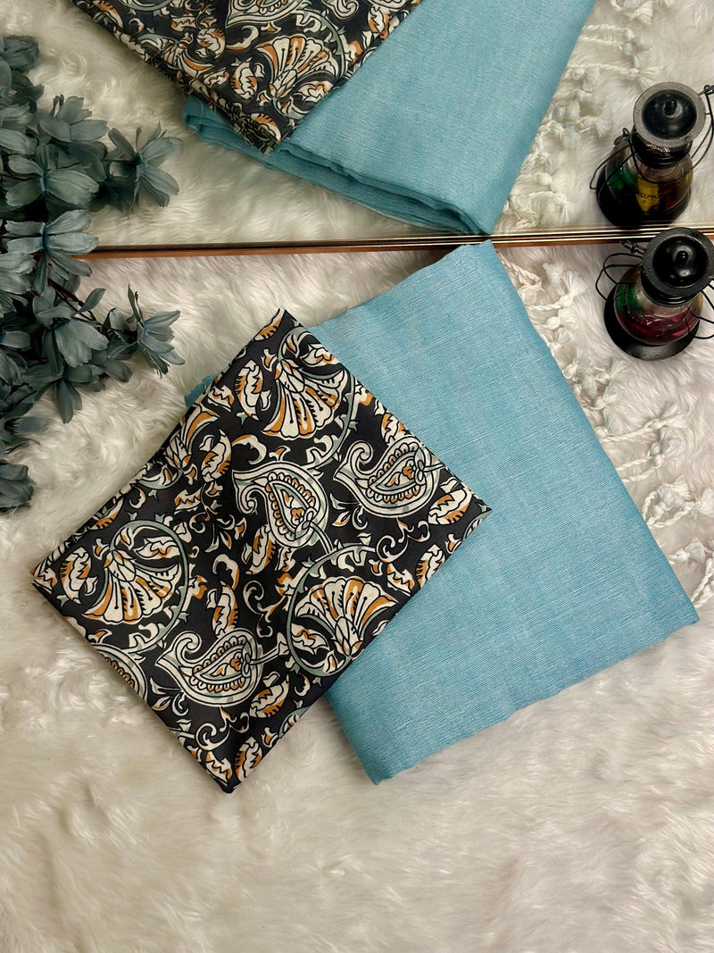 Premium Handloom Cotton Saree - Elegant sky blue saree with black printed blouse - Cotton Dori