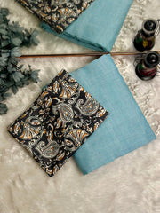 Premium Handloom Cotton Saree - Elegant sky blue saree with black printed blouse - Cotton Dori