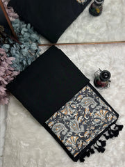 Premium Handloom Cotton Saree - Royal black saree with printed blouse - Cotton Dori