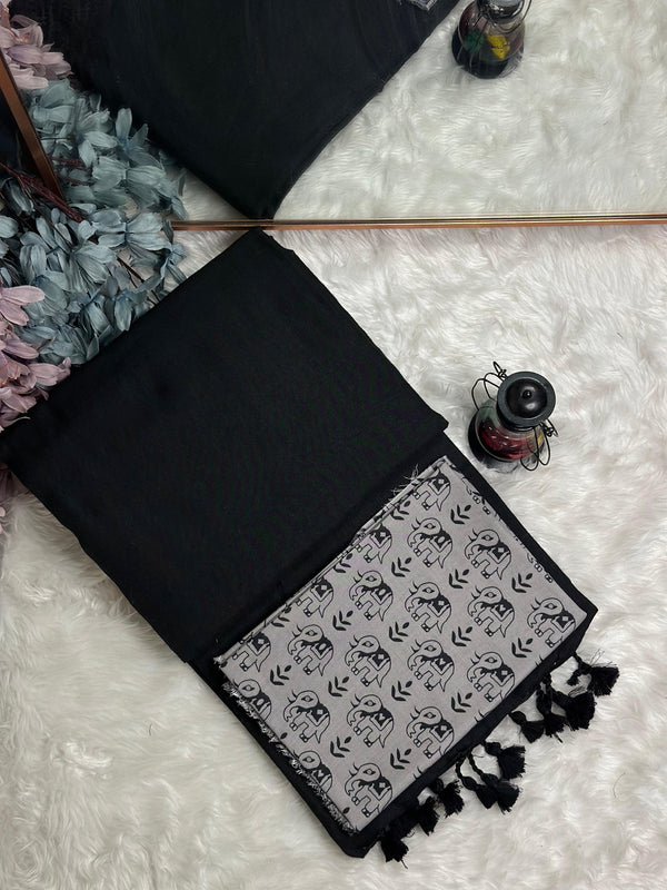 Premium Handloom Cotton Saree - Ink black saree with grey elephant printed blouse - Cotton Dori