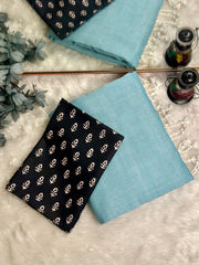 Premium Handloom Cotton Saree - Beautiful sky blue saree with black printed blouse - Cotton Dori