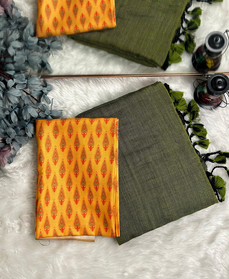 Premium Handloom Cotton Saree - Olive green saree with yellow blouse - Cotton Dori