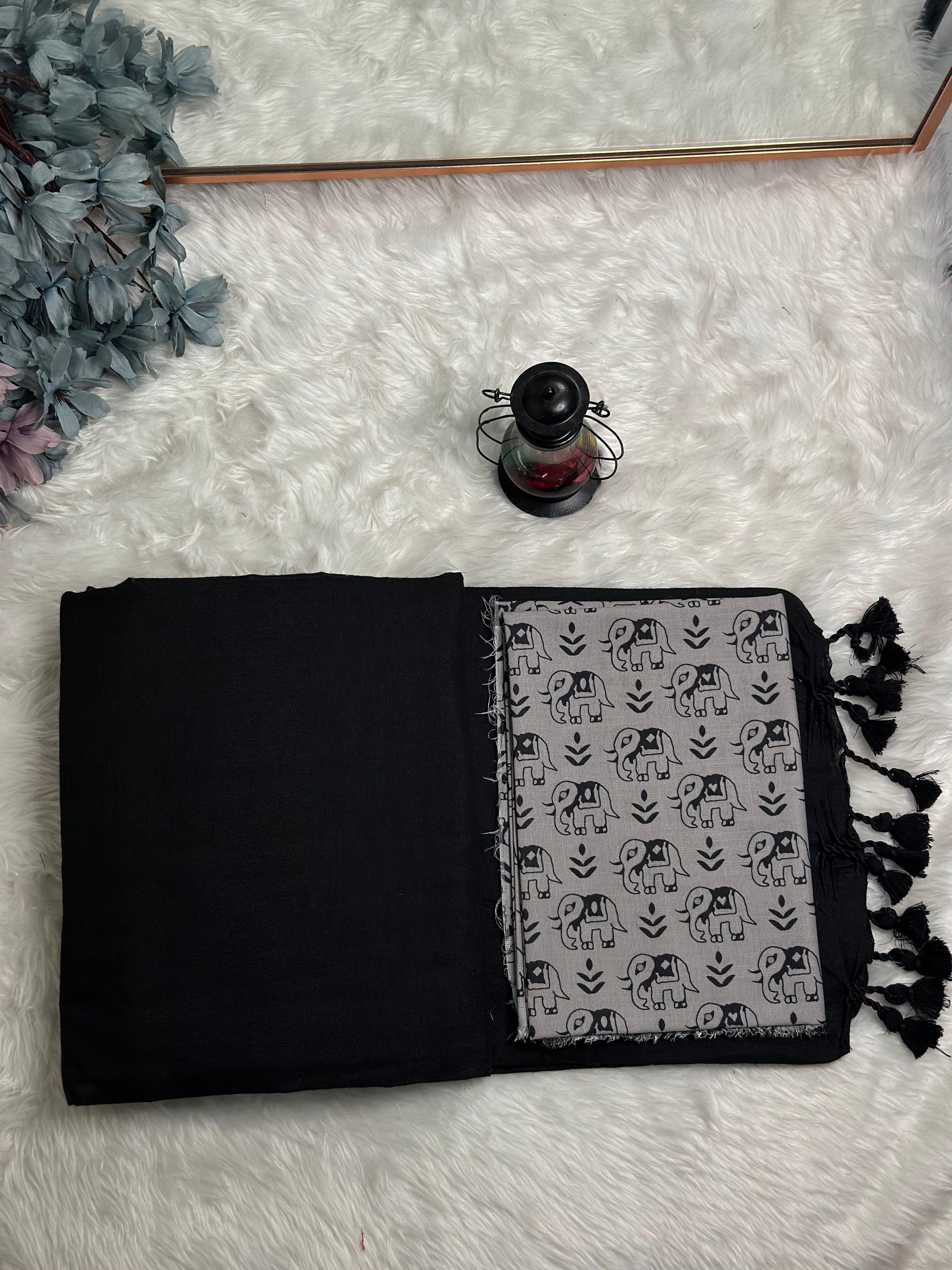 Premium Handloom Cotton Saree - Ink black saree with grey elephant printed blouse - Cotton Dori