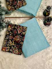 Premium Handloom Cotton Saree - Light blue saree with black floral blouse - Cotton Dori