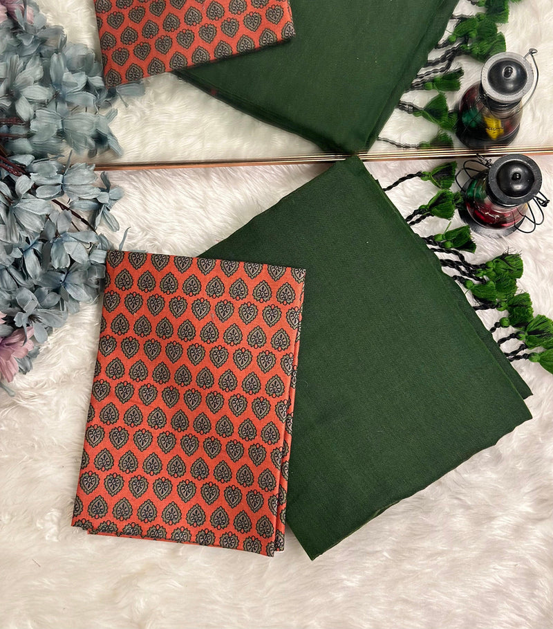 Premium Handloom Cotton Saree - Pure cotton Emeralad Green saree with red printed blouse - Cotton Dori
