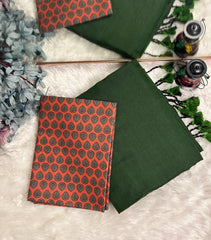 Premium Handloom Cotton Saree - Pure cotton Emeralad Green saree with red printed blouse - Cotton Dori