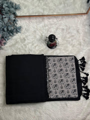 Premium Handloom Cotton Saree - Ink black saree with grey elephant printed blouse - Cotton Dori