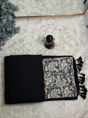 Premium Handloom Cotton Saree - Royal black saree with printed blouse - Cotton Dori