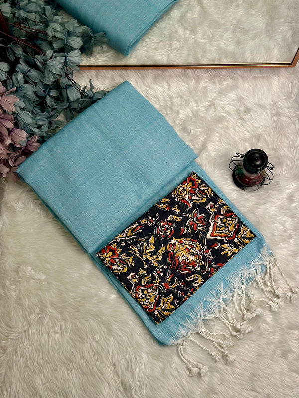 Premium Handloom Cotton Saree - Light blue saree with black floral blouse - Cotton Dori