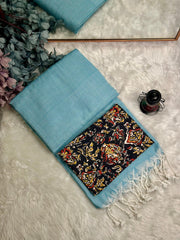 Premium Handloom Cotton Saree - Light blue saree with black floral blouse - Cotton Dori