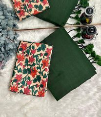 Premium Handloom Cotton Saree - Pine green saree with cream printed Blouse - Cotton Dori