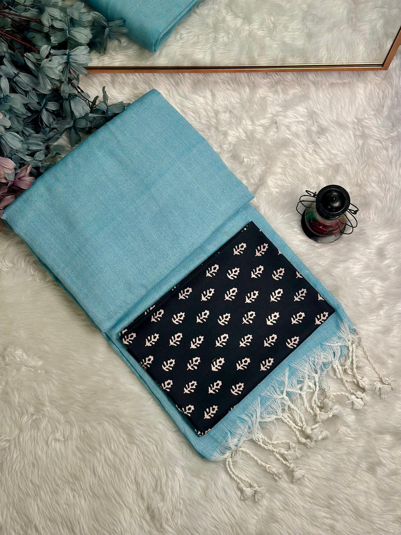 Premium Handloom Cotton Saree - Beautiful sky blue saree with black printed blouse
