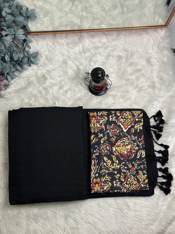Premium Handloom Cotton Saree - Dark black saree with printed black blouse - Cotton Dori