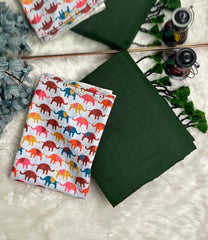 Premium Handloom Cotton Saree - Emeralad Green saree with elephant printed blouse - Cotton Dori