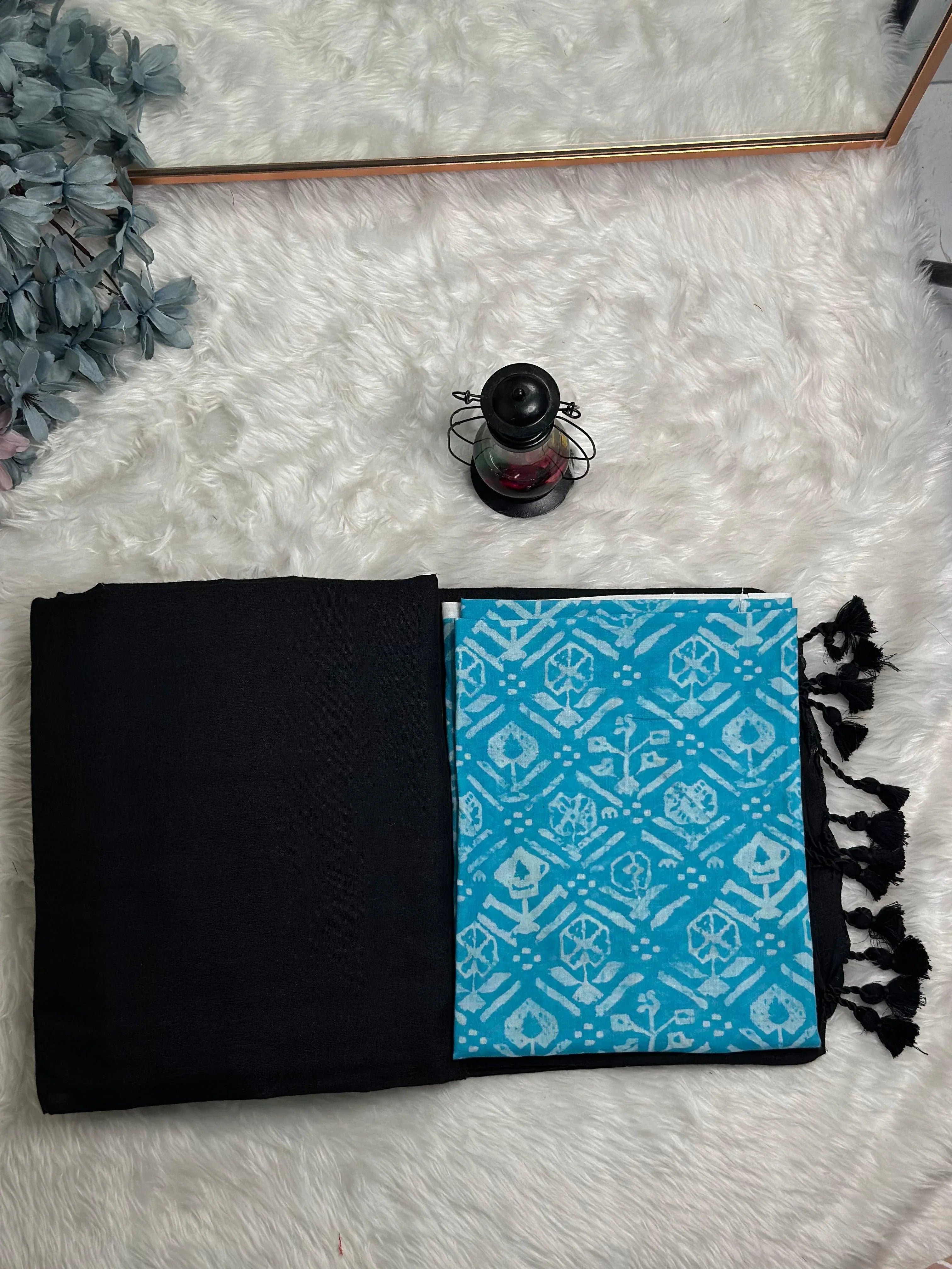 Premium Handloom Cotton Saree - Pure Handloom cotton black saree with sky blue blouse - Cotton Dori