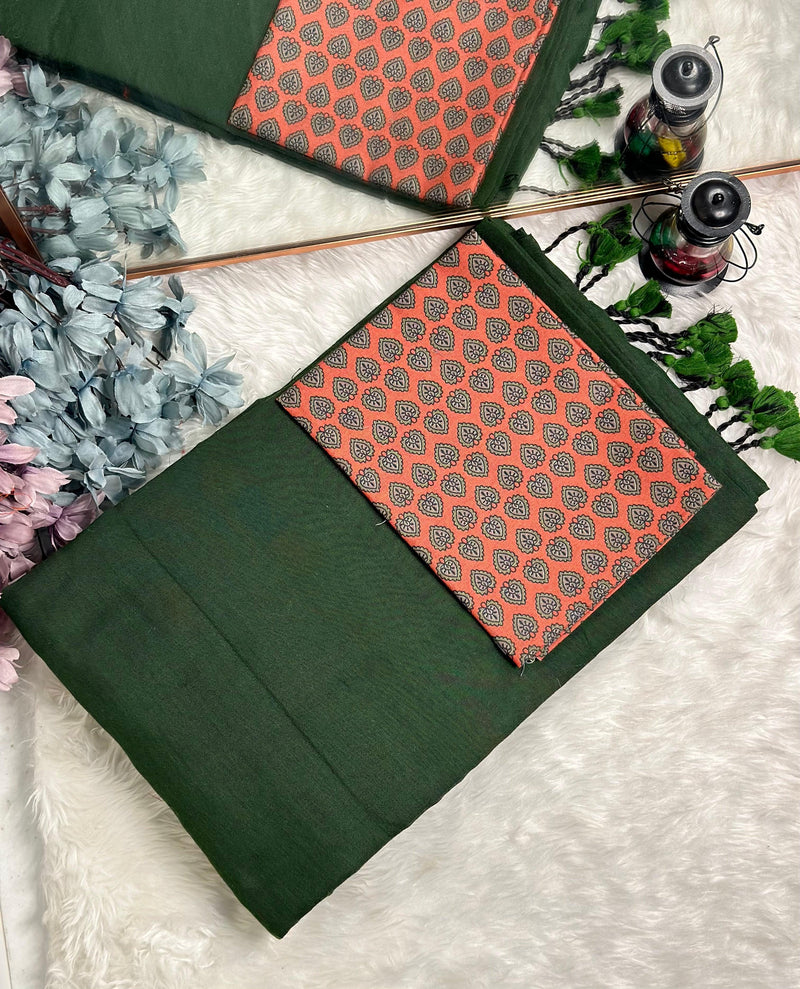 Premium Handloom Cotton Saree - Pure cotton Emeralad Green saree with red printed blouse - Cotton Dori
