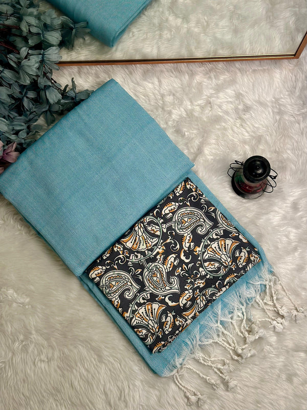 Premium Handloom Cotton Saree - Elegant sky blue saree with black printed blouse - Cotton Dori