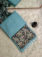 Premium Handloom Cotton Saree - Elegant sky blue saree with black printed blouse - Cotton Dori