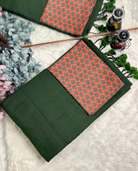 Premium Handloom Cotton Saree - Pure cotton Emeralad Green saree with red printed blouse - Cotton Dori