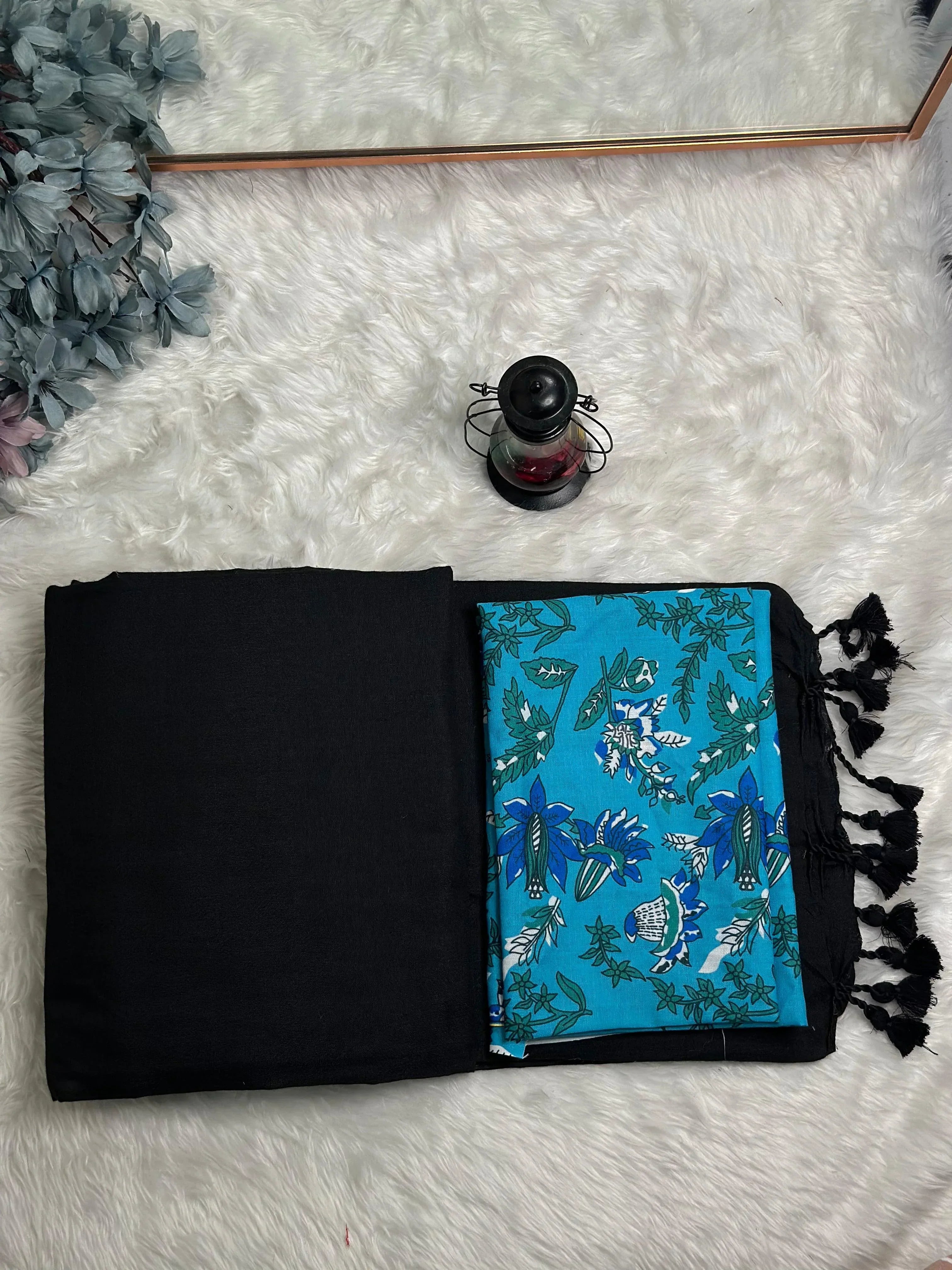 Premium Handloom Cotton Saree - Royal black saree with ocean blue blouse - Cotton Dori