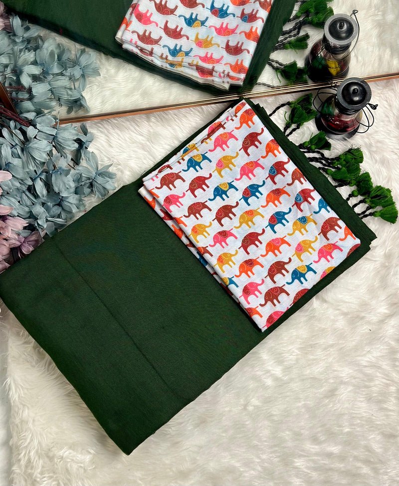 Premium Handloom Cotton Saree - Emeralad Green saree with elephant printed blouse - Cotton Dori